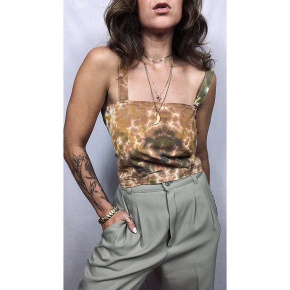 Handmade Reversible Earth Tone Tie Dye Lace Up Suede  Corset Crop Top - Picture 2 of 10